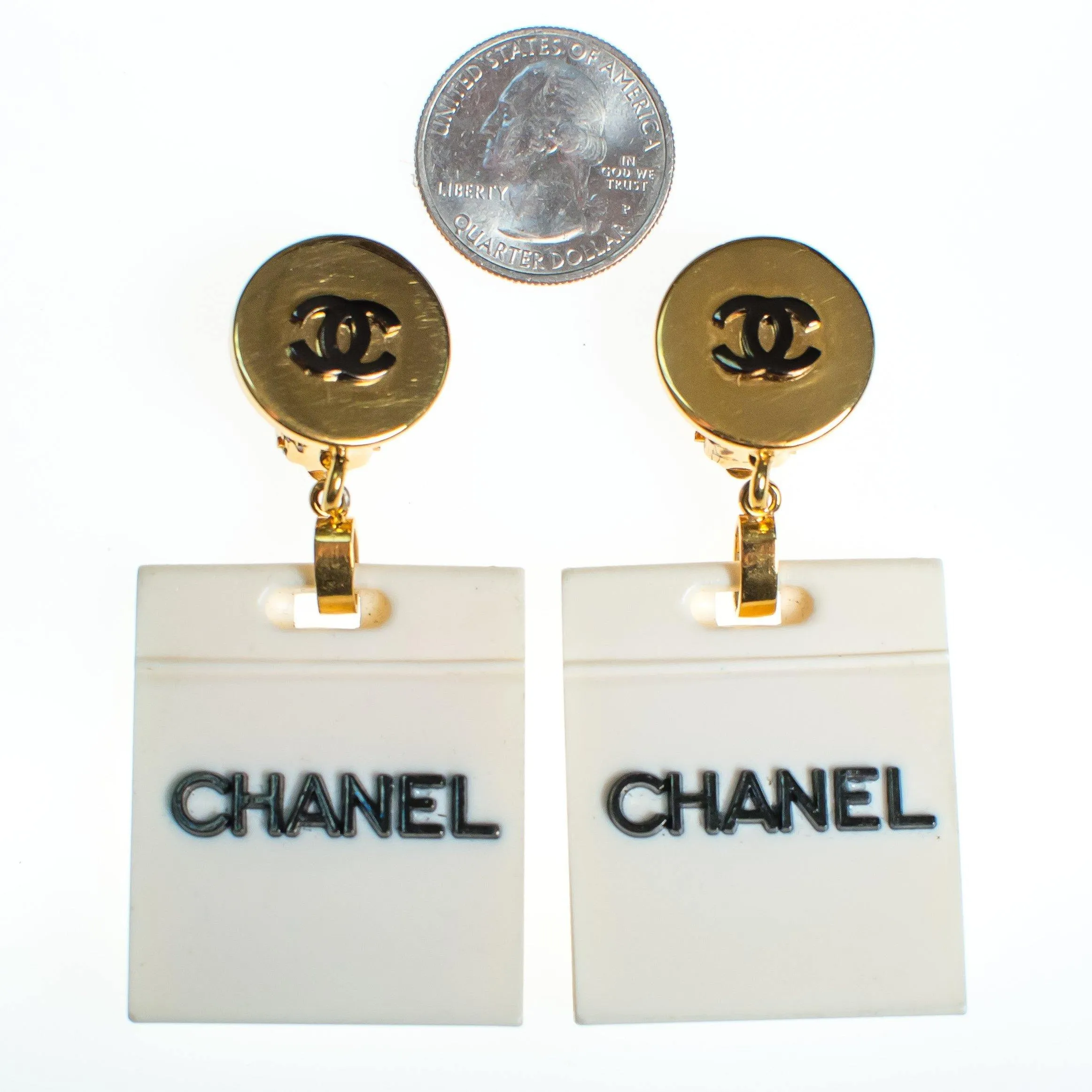 Vintage Chanel Black and White Shopping Bag Statement Earrings