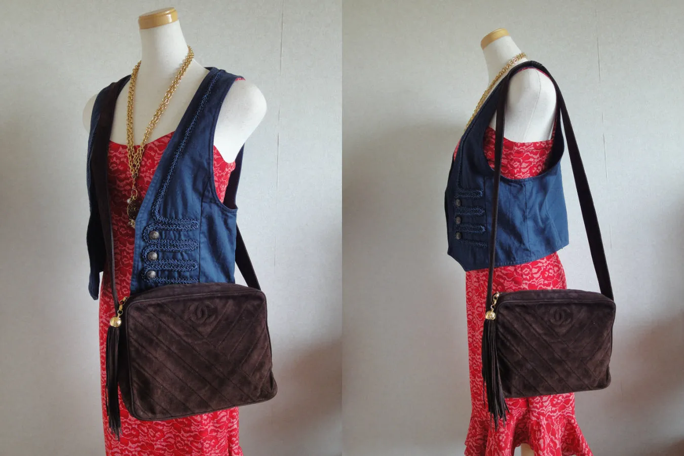 Vintage CHANEL dark brown V stitch suede leather shoulder bag with CC stitch mark and long tassel. Best Chanel purse for fall and winter.
