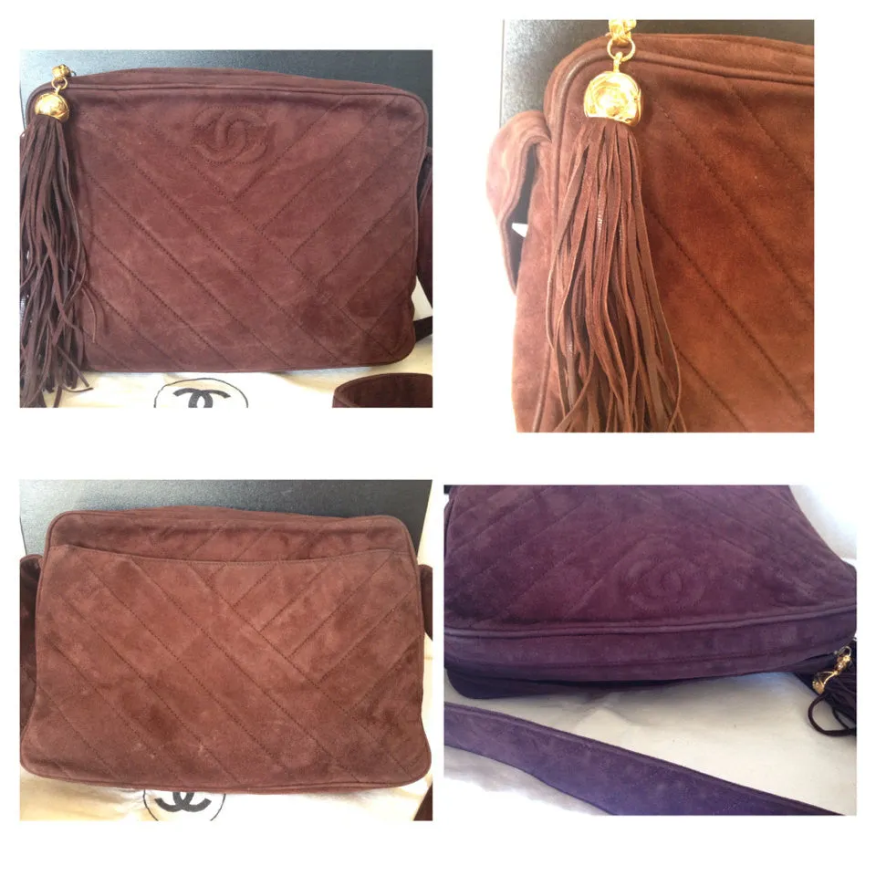 Vintage CHANEL dark brown V stitch suede leather shoulder bag with CC stitch mark and long tassel. Best Chanel purse for fall and winter.
