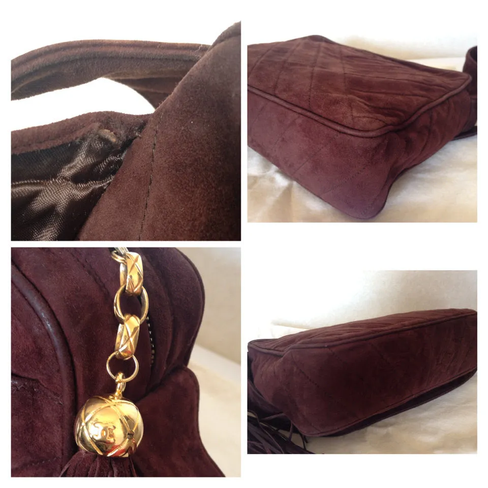 Vintage CHANEL dark brown V stitch suede leather shoulder bag with CC stitch mark and long tassel. Best Chanel purse for fall and winter.