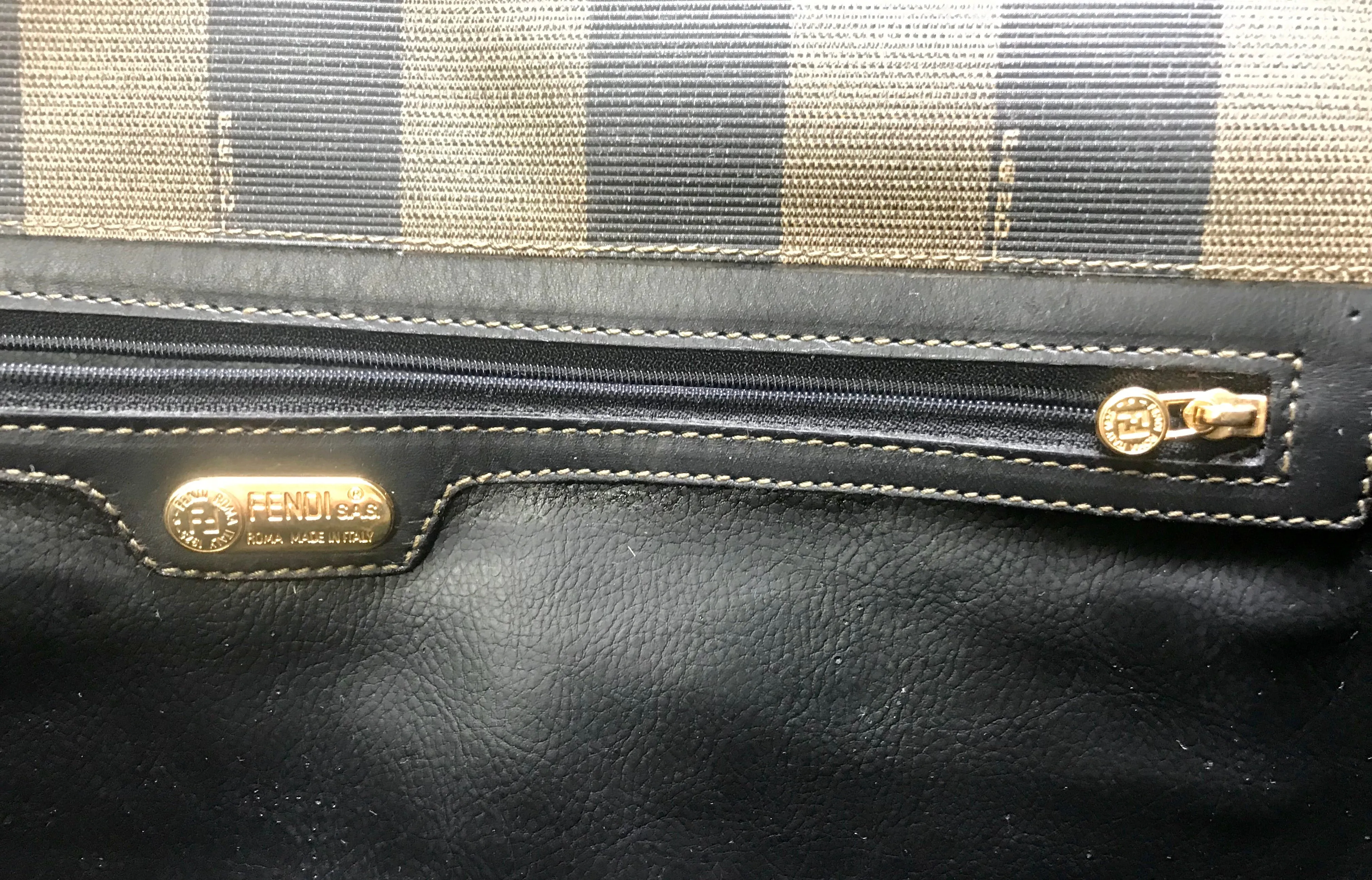 Vintage Fendi gray pecan stripe portfolio document bag, large clutch bag with black leather trimmings. Classic purse for unisex use.