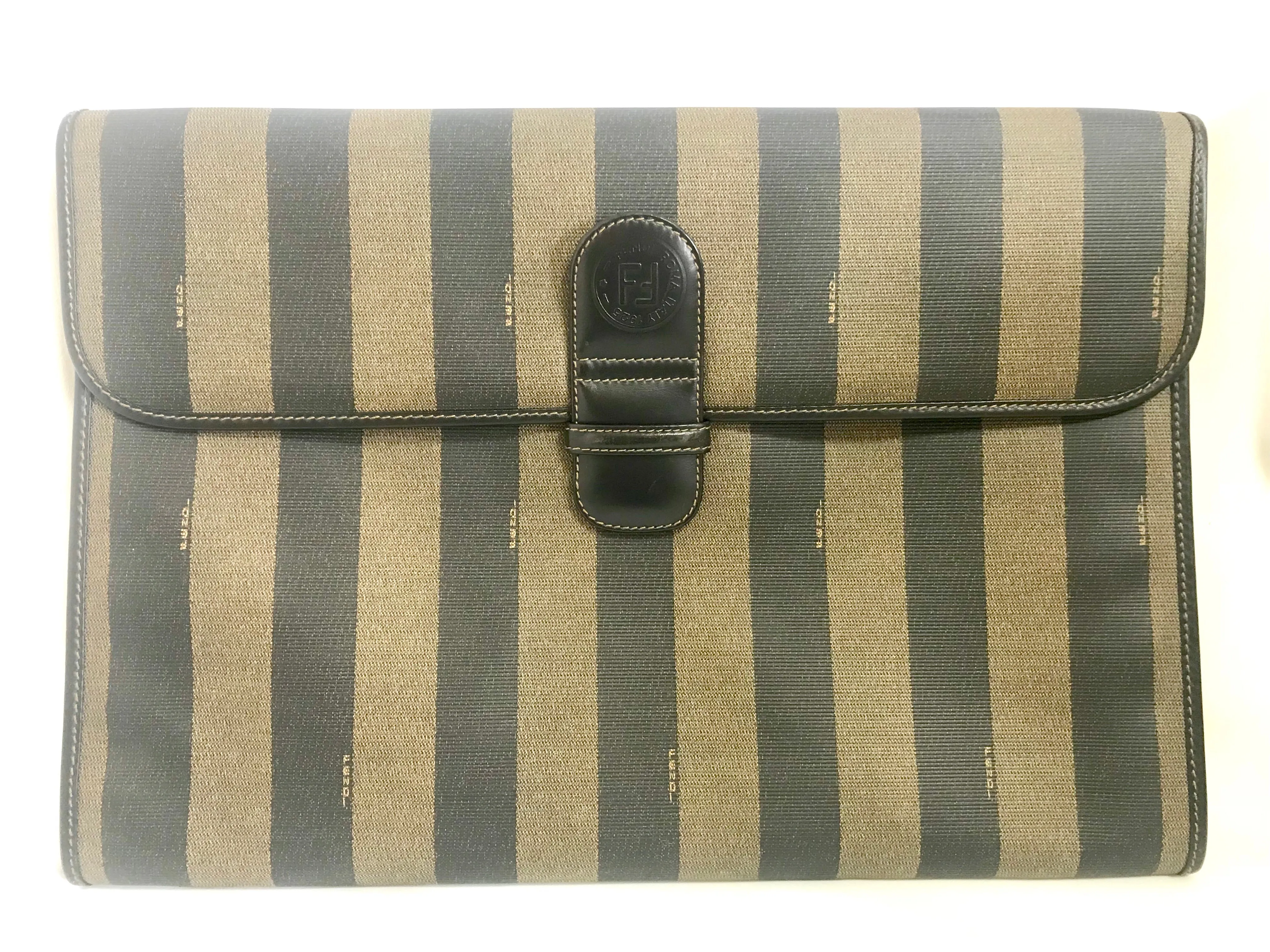 Vintage Fendi gray pecan stripe portfolio document bag, large clutch bag with black leather trimmings. Classic purse for unisex use.