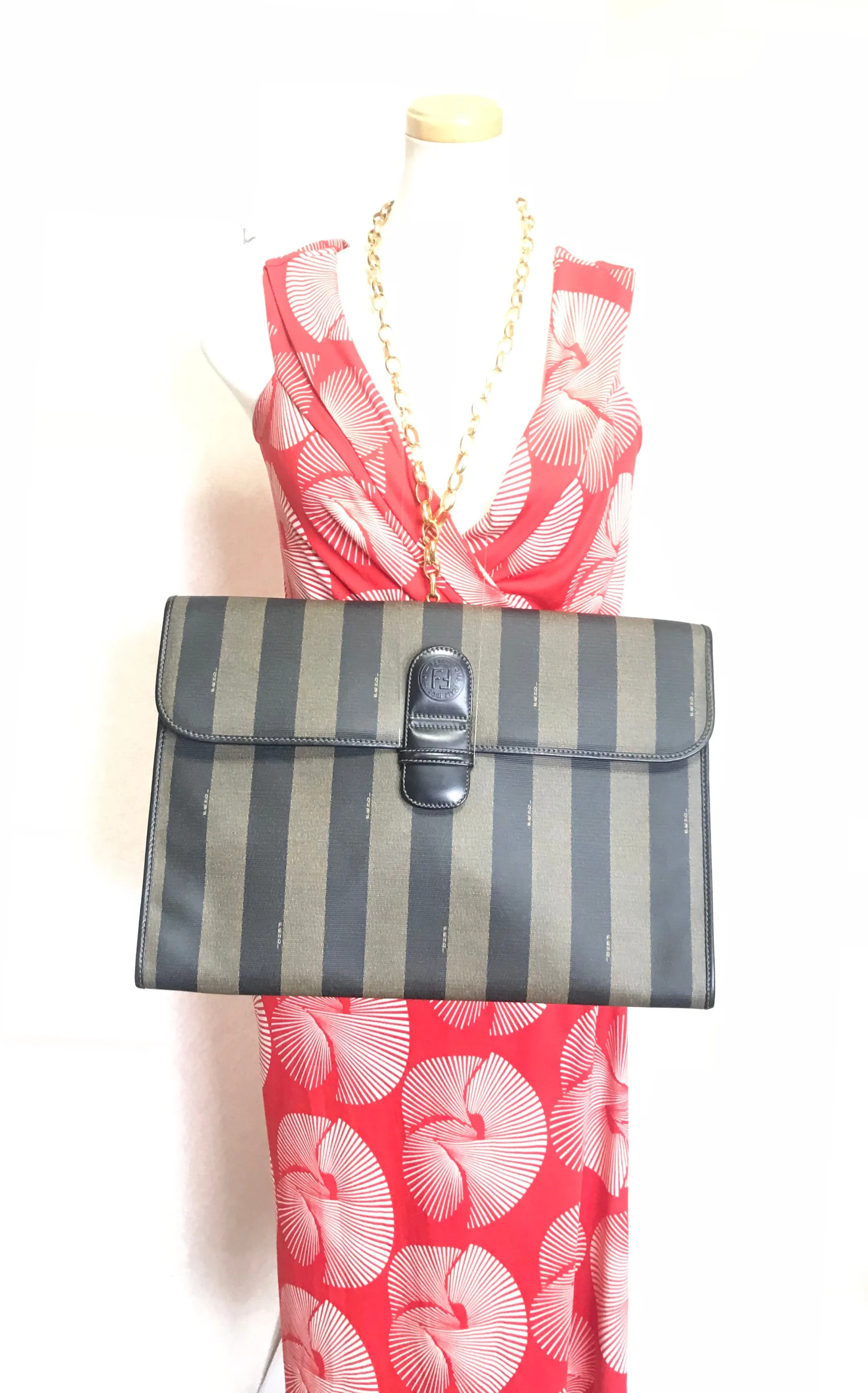 Vintage Fendi gray pecan stripe portfolio document bag, large clutch bag with black leather trimmings. Classic purse for unisex use.