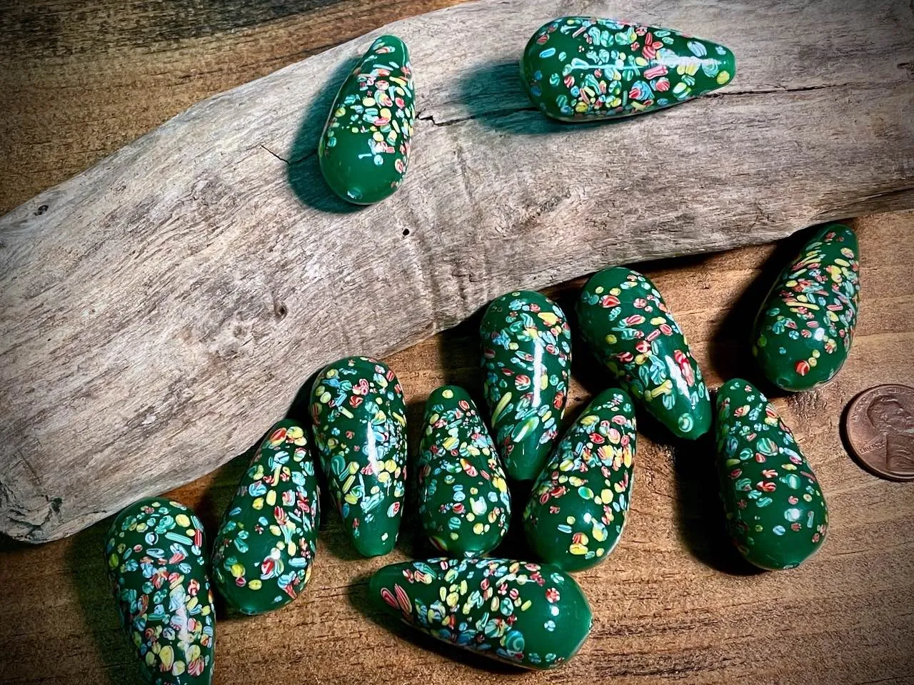 Vintage Japanese Glass—Green Pear Glass Bead—36mm x 18mm