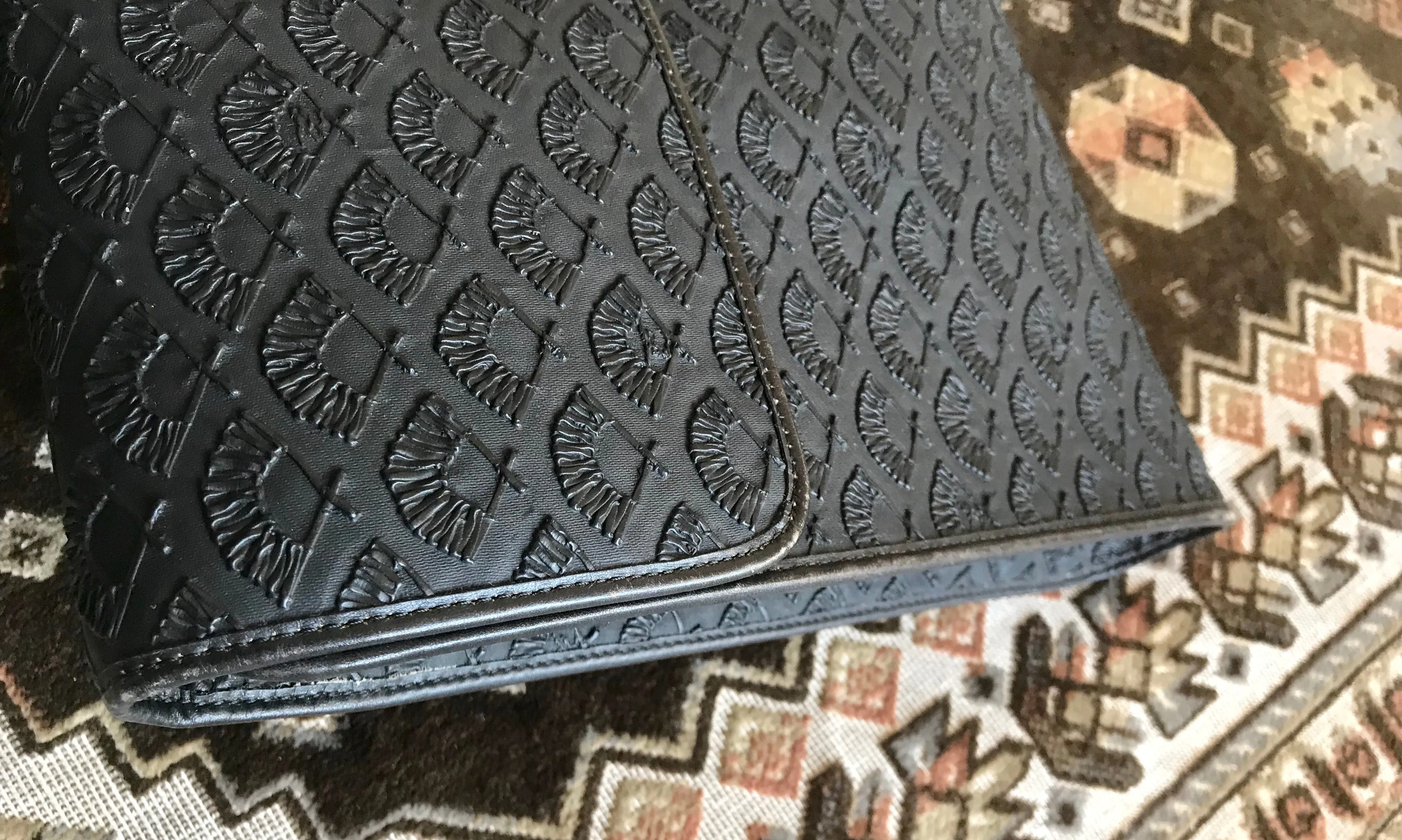 Vintage Karl Lagerfeld black fan pattern document bag, portfolio purse with logo motif. Great for unisex and daily use.