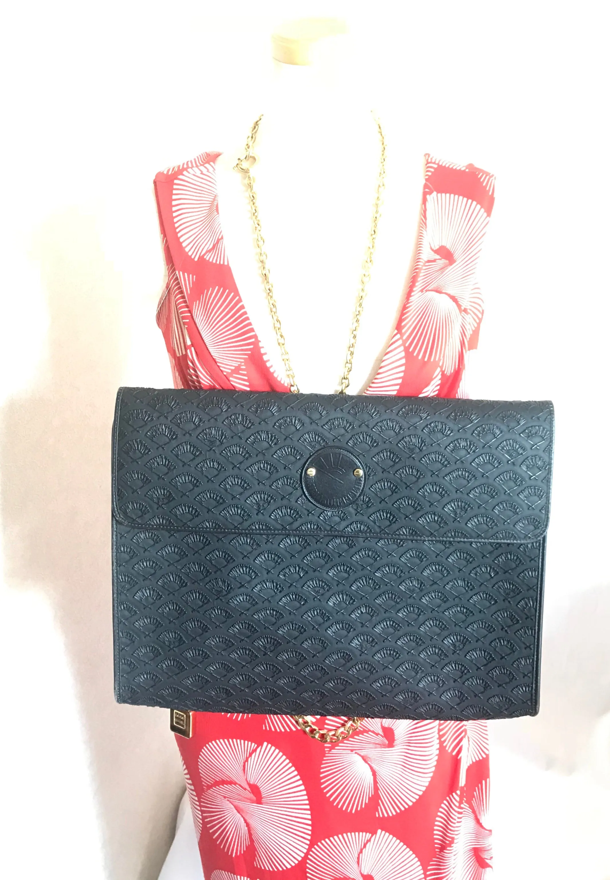 Vintage Karl Lagerfeld black fan pattern document bag, portfolio purse with logo motif. Great for unisex and daily use.