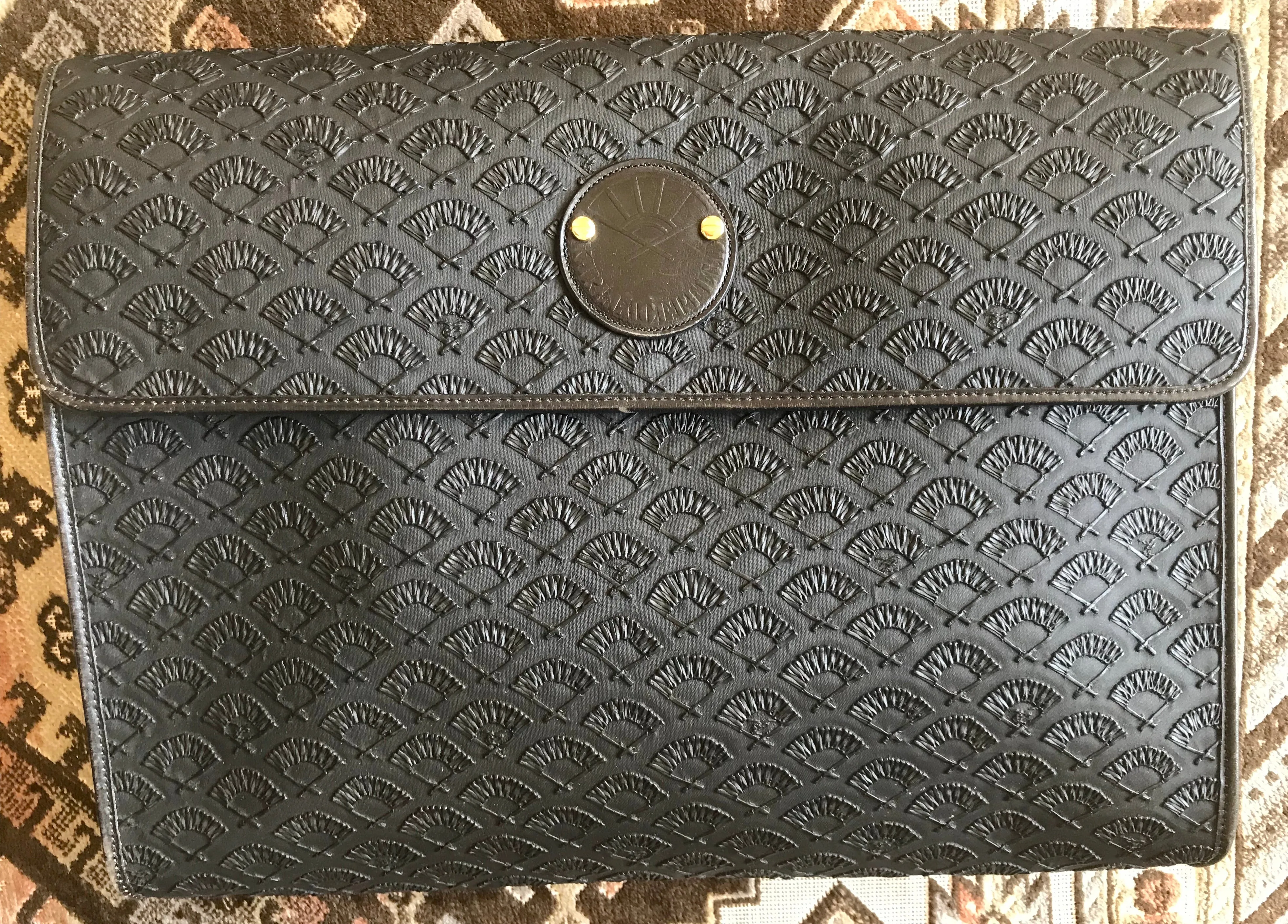Vintage Karl Lagerfeld black fan pattern document bag, portfolio purse with logo motif. Great for unisex and daily use.