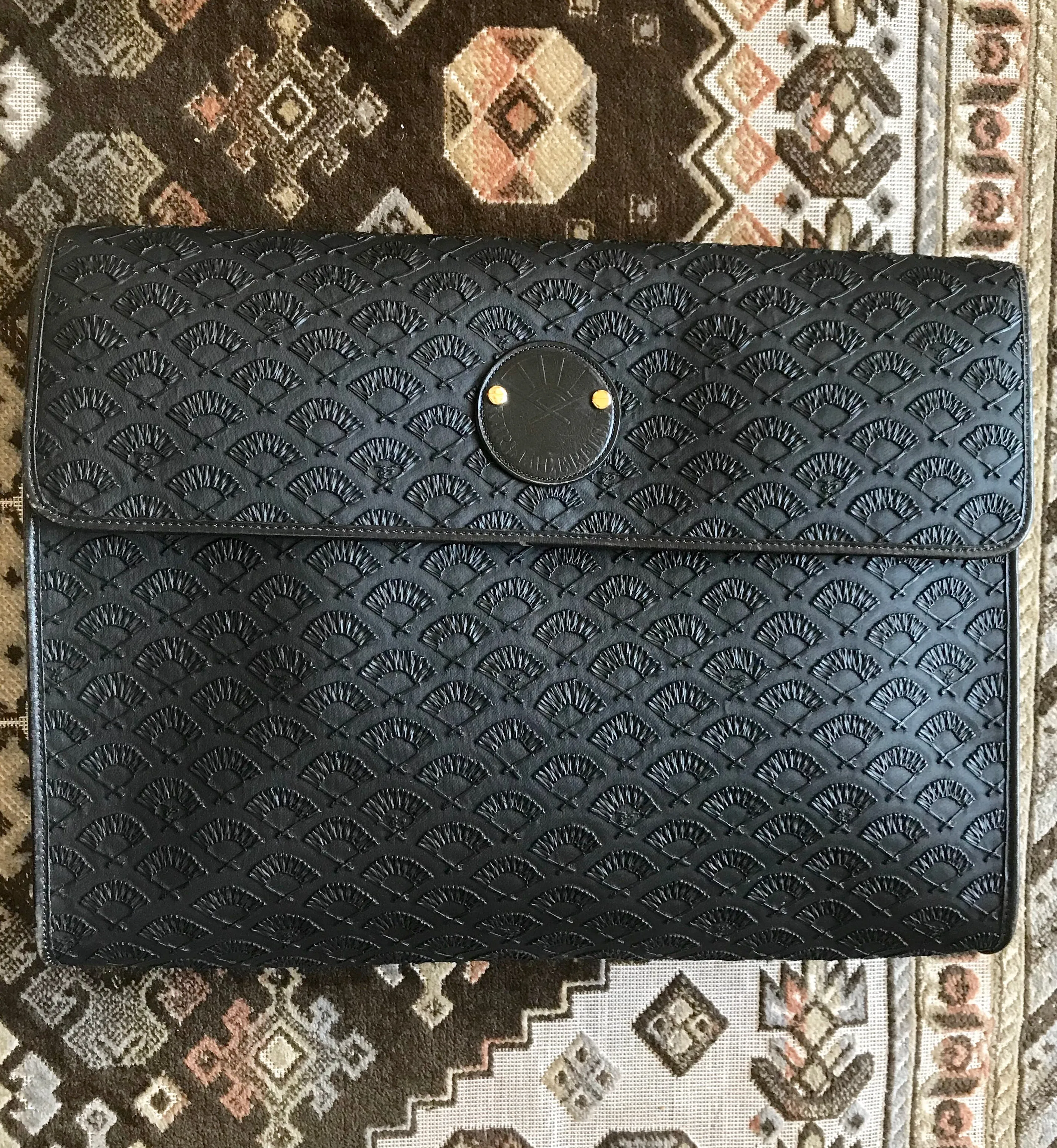 Vintage Karl Lagerfeld black fan pattern document bag, portfolio purse with logo motif. Great for unisex and daily use.