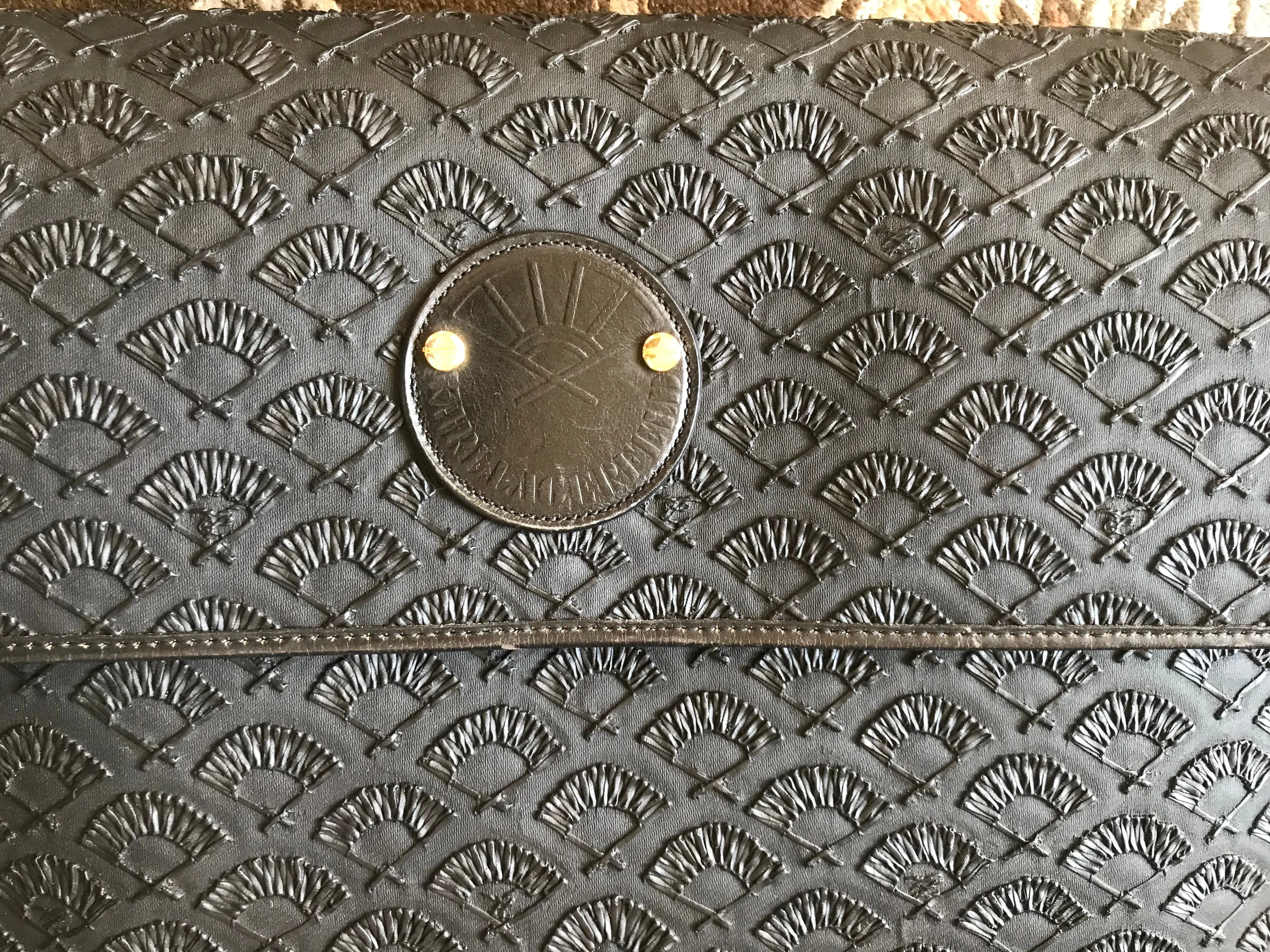 Vintage Karl Lagerfeld black fan pattern document bag, portfolio purse with logo motif. Great for unisex and daily use.