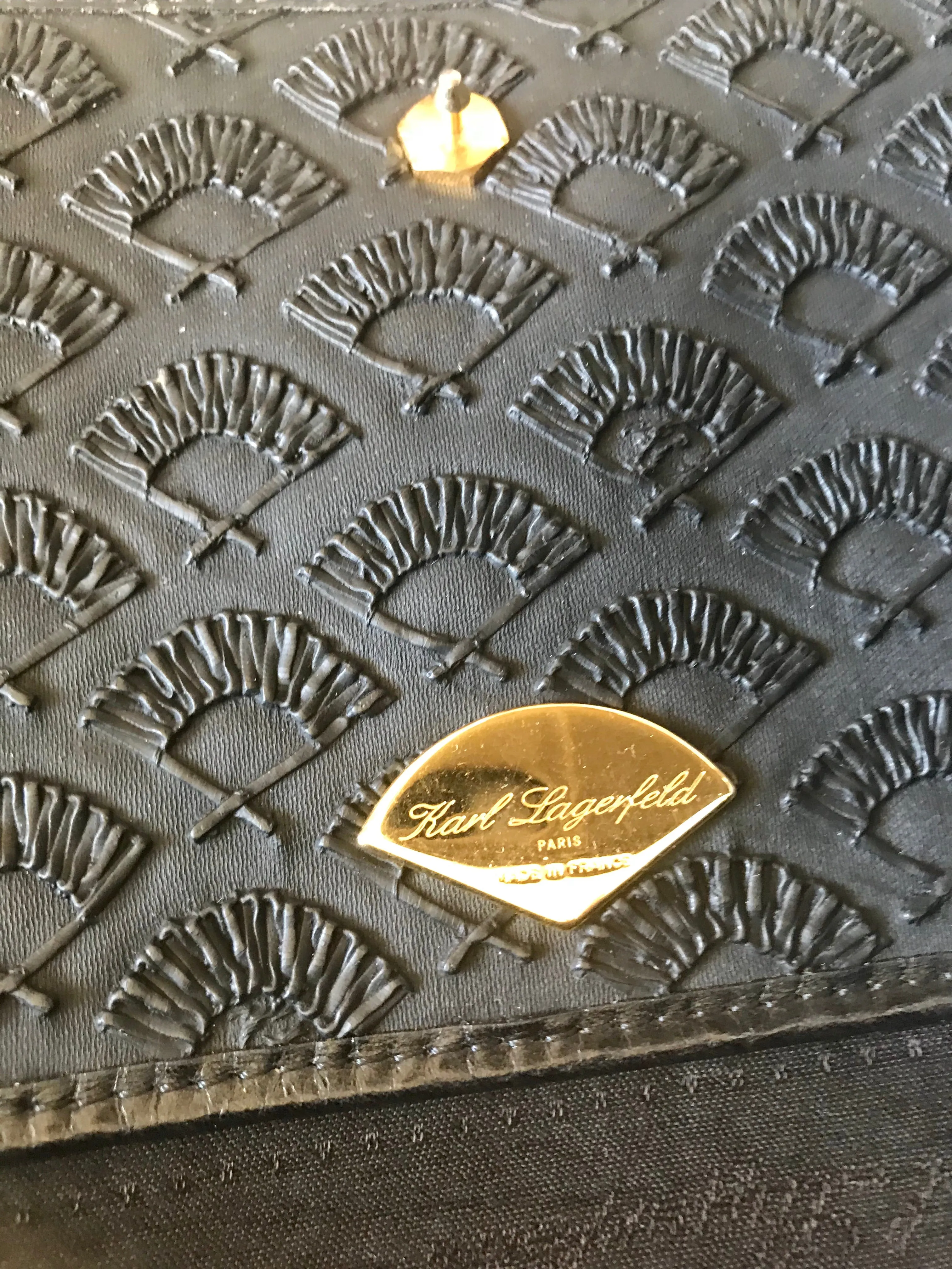 Vintage Karl Lagerfeld black fan pattern document bag, portfolio purse with logo motif. Great for unisex and daily use.