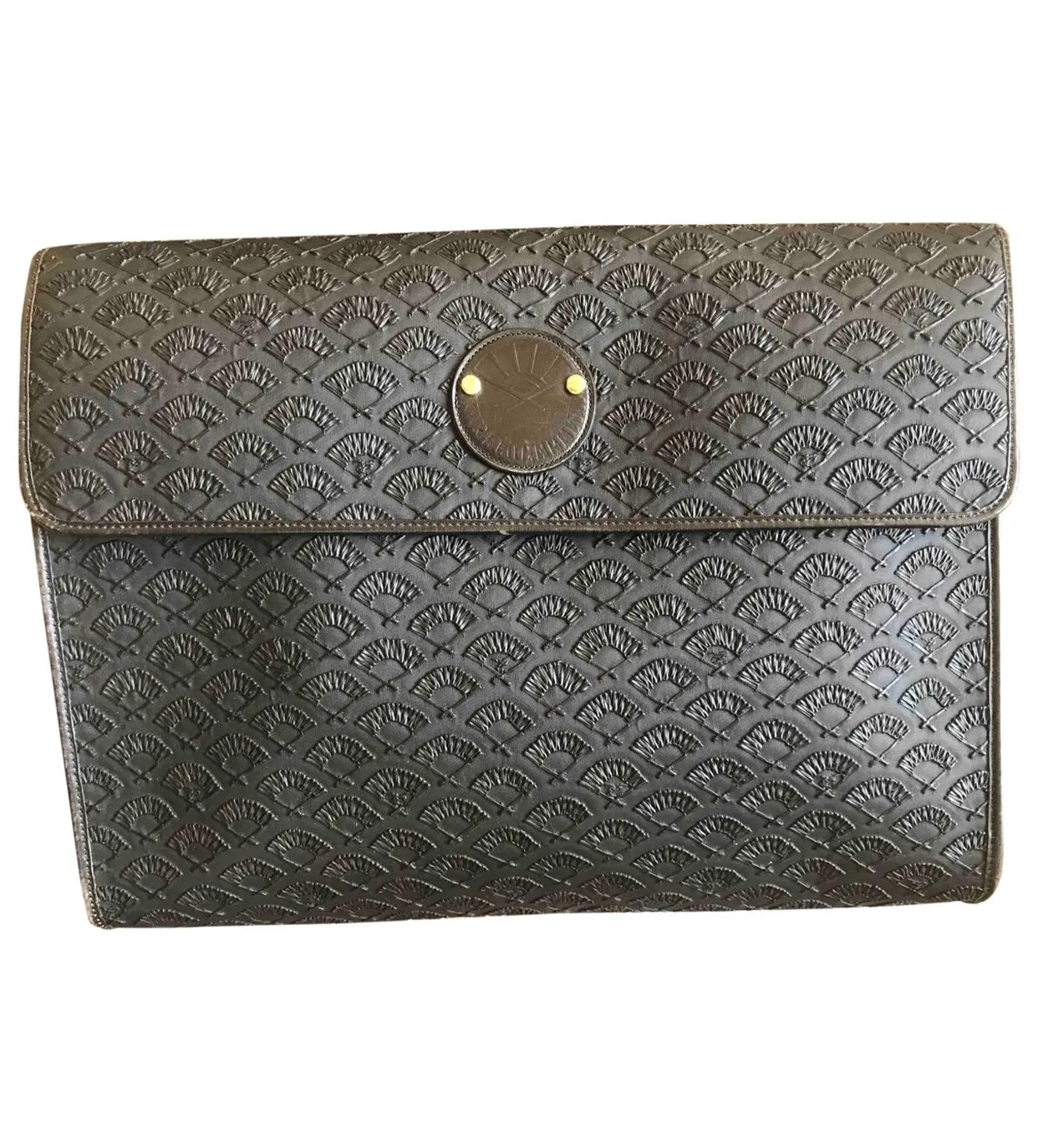 Vintage Karl Lagerfeld black fan pattern document bag, portfolio purse with logo motif. Great for unisex and daily use.