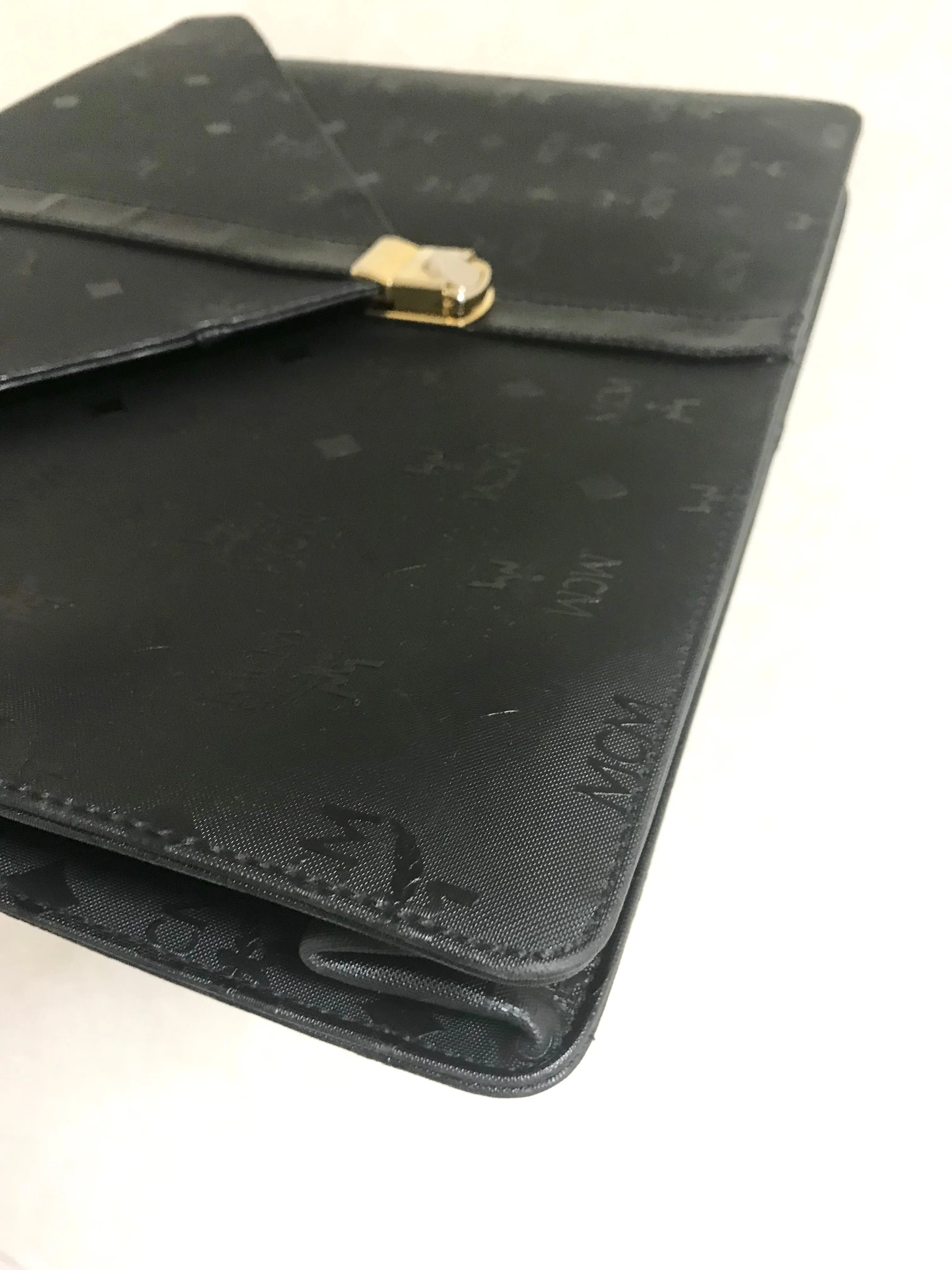Vintage MCM black monogram briefcase, business bag, document purse with leather handle. Great masterpiece by Michael Cromer. 050320r19