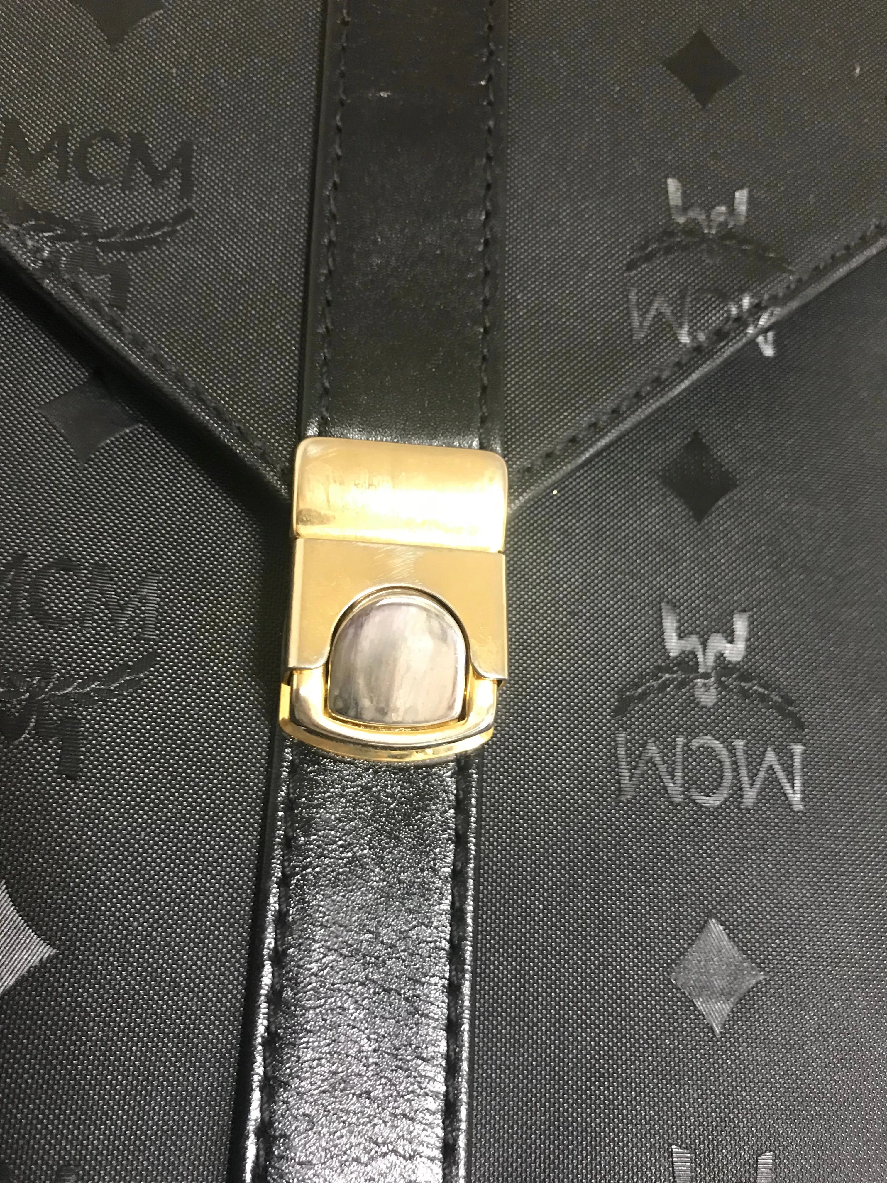 Vintage MCM black monogram briefcase, business bag, document purse with leather handle. Great masterpiece by Michael Cromer. 050320r19