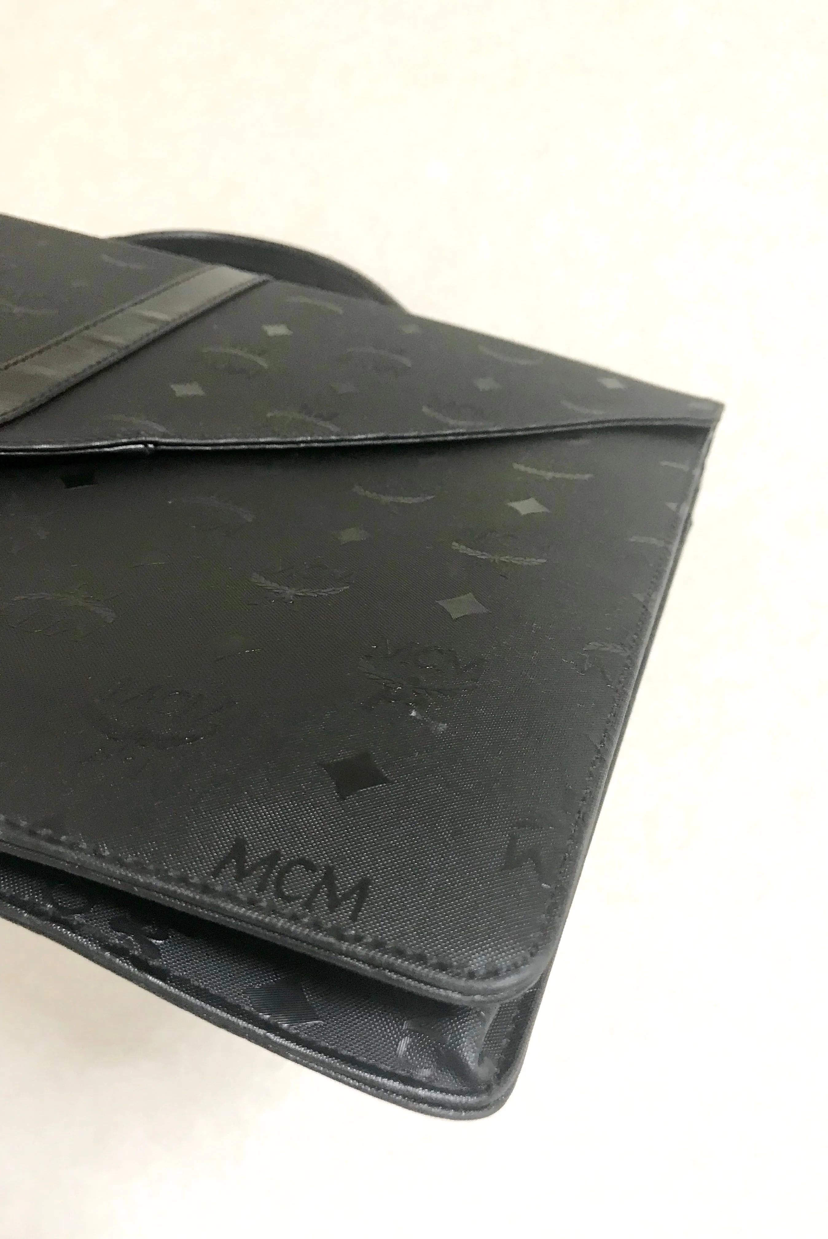 Vintage MCM black monogram briefcase, business bag, document purse with leather handle. Great masterpiece by Michael Cromer. 050320r19