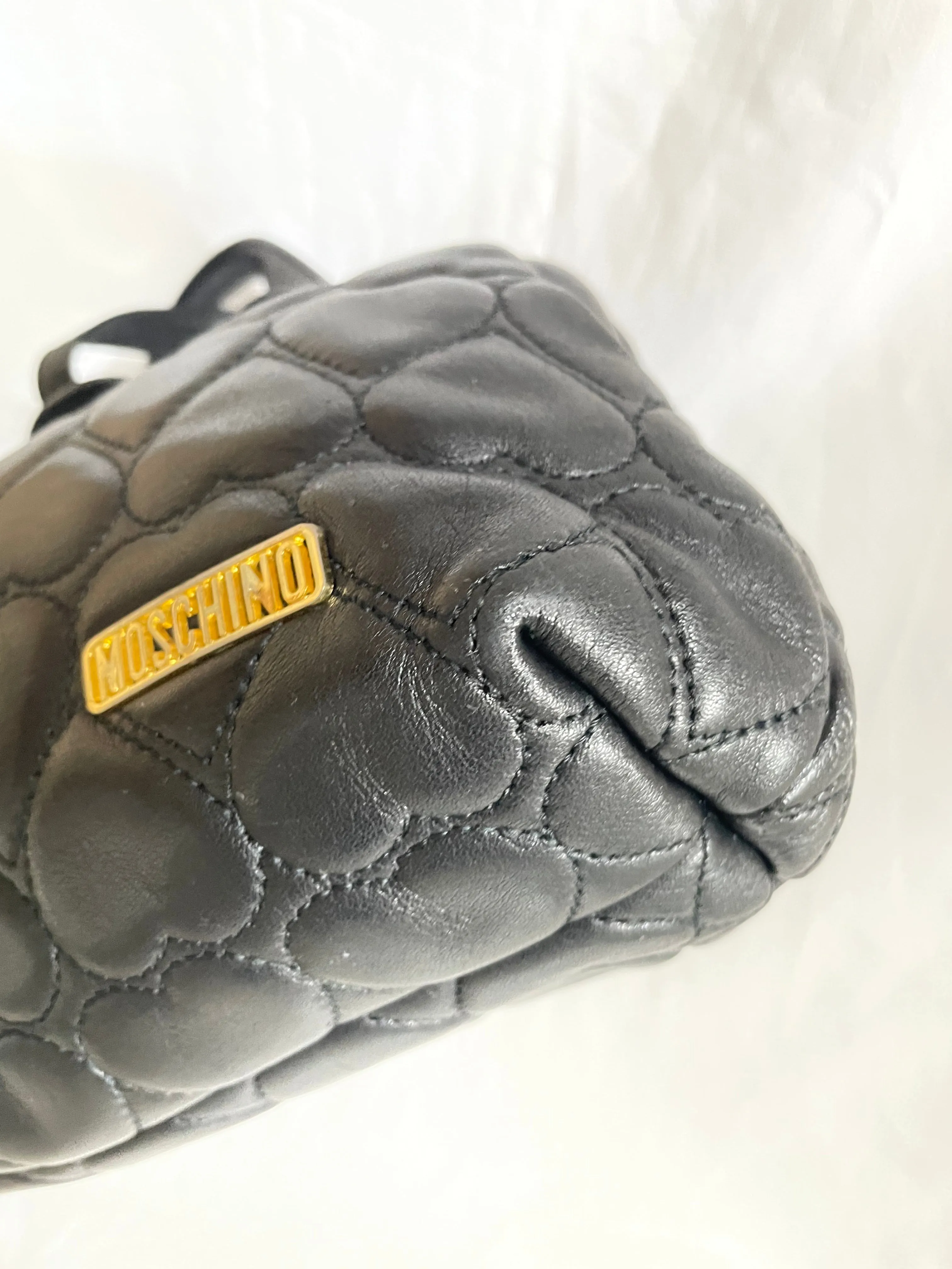 Vintage MOSCHINO black heart shape quilted lambskin mini handbag, tote purse. Too cute to carry.