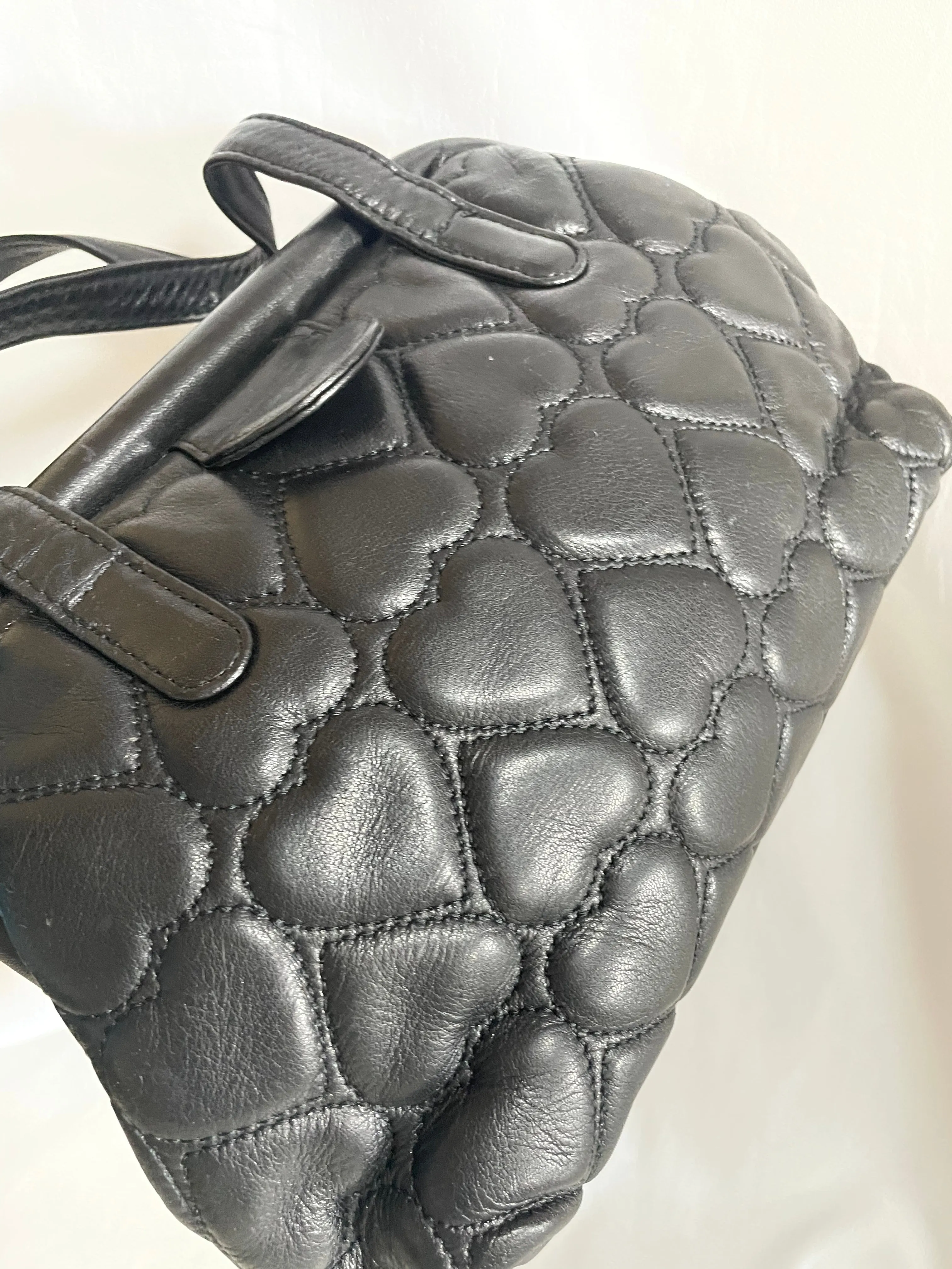Vintage MOSCHINO black heart shape quilted lambskin mini handbag, tote purse. Too cute to carry.