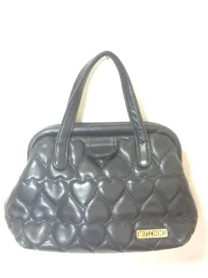 Vintage MOSCHINO black heart shape quilted lambskin mini handbag, tote purse. Too cute to carry.