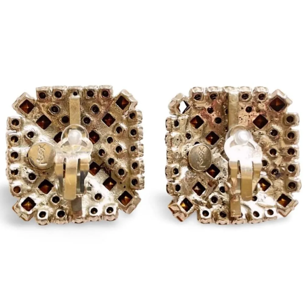 Vintage Yves Saint Laurent large square shape silver earrings with crystals. Must have gorgeous jewelry piece. 060402ac3