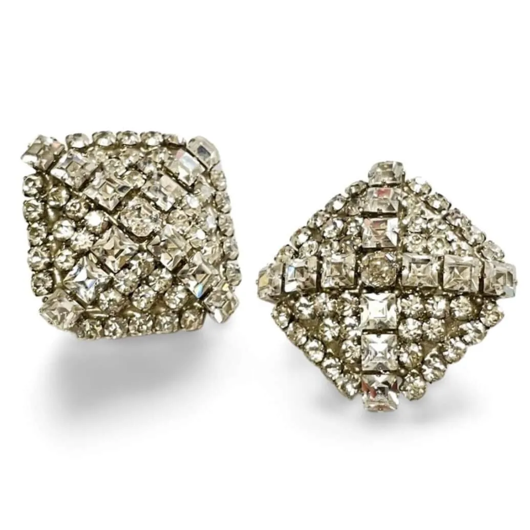 Vintage Yves Saint Laurent large square shape silver earrings with crystals. Must have gorgeous jewelry piece. 060402ac3