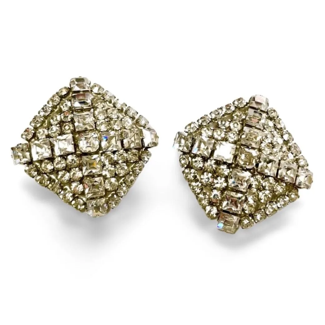 Vintage Yves Saint Laurent large square shape silver earrings with crystals. Must have gorgeous jewelry piece. 060402ac3
