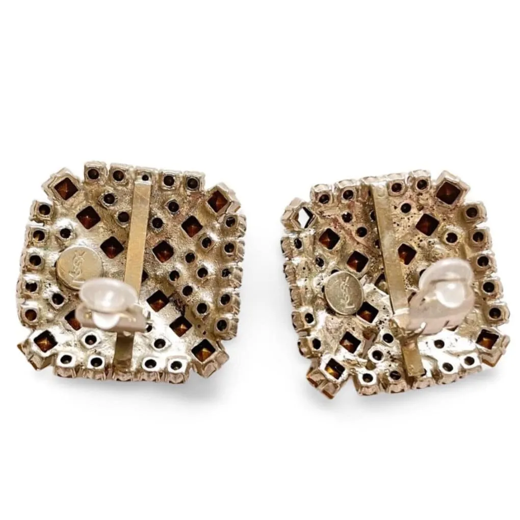 Vintage Yves Saint Laurent large square shape silver earrings with crystals. Must have gorgeous jewelry piece. 060402ac3