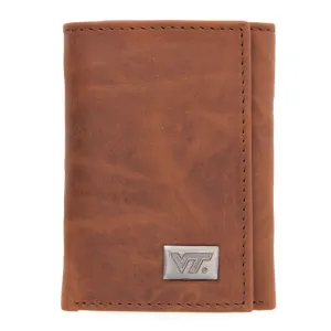 Virginia Tech Hokies Brown Tri Fold Leather Wallet