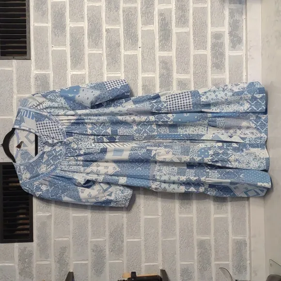 VTG Brownstone Studio Women's Blue Patchwork Buttoned House Coat Robe Nightgown