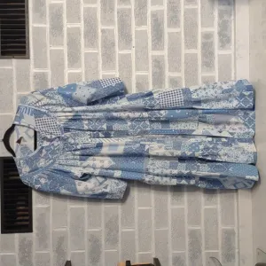 VTG Brownstone Studio Women's Blue Patchwork Buttoned House Coat Robe Nightgown