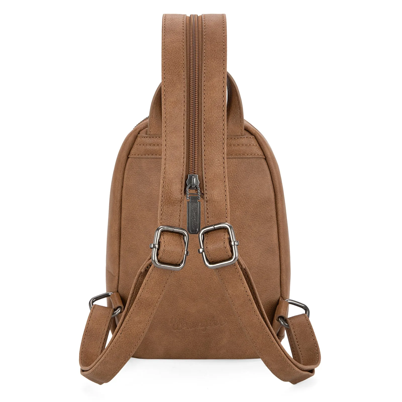 WG164-210   Wrangler Denim Patchwork Mini Backpack with Detachable Coin Pouch  - Brown