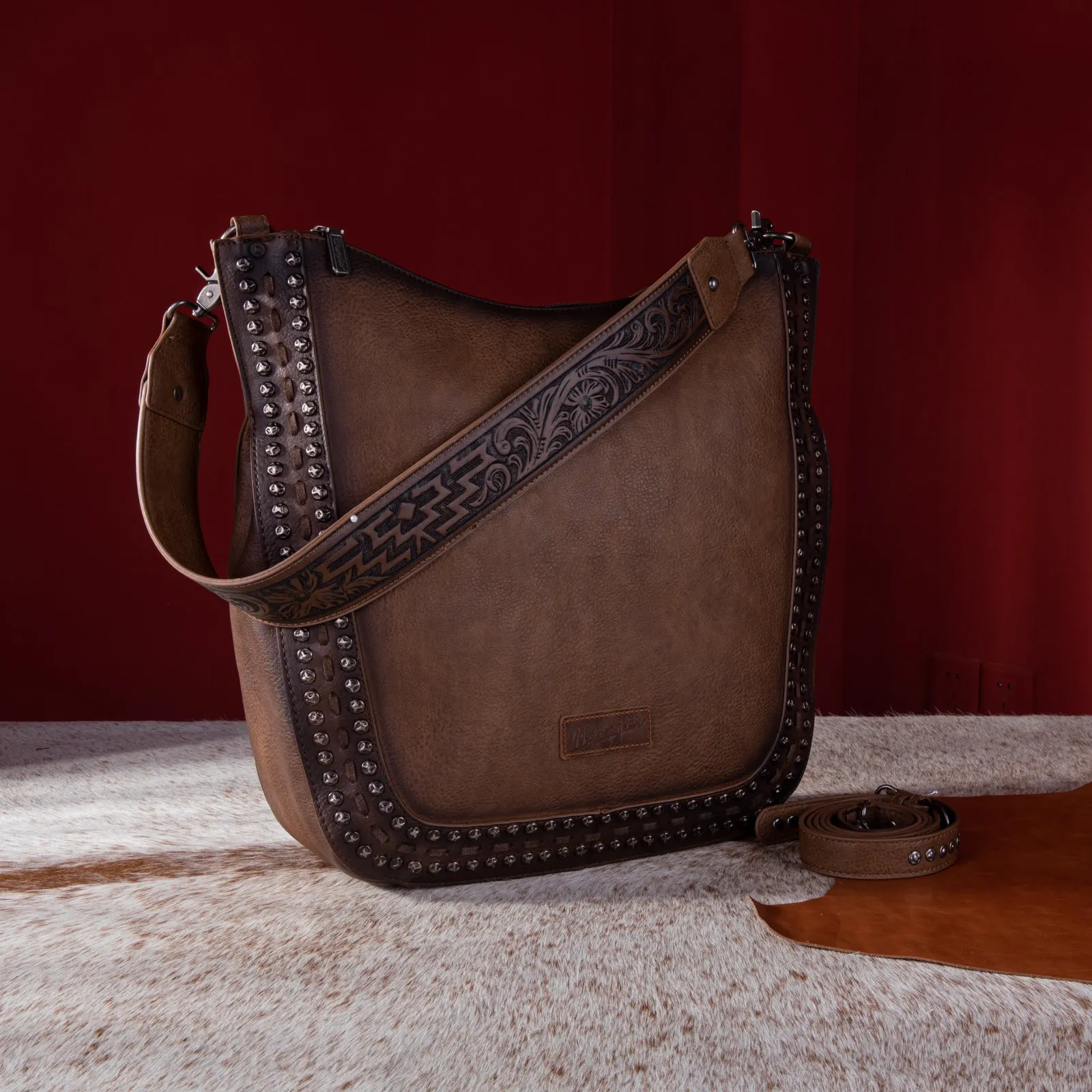 WG64-G2001 Wrangler Rivets Concealed Carry Oversize Hobo/Crossbody -Coffee