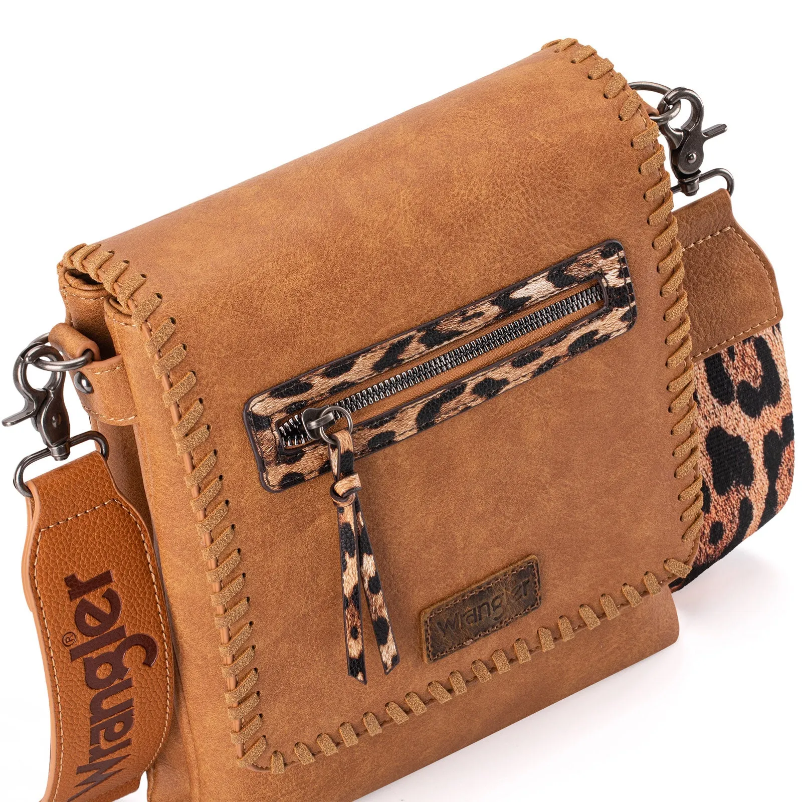 WG72-9360  Wrangler Whipstitch Leopard Print Crossbody - Brown