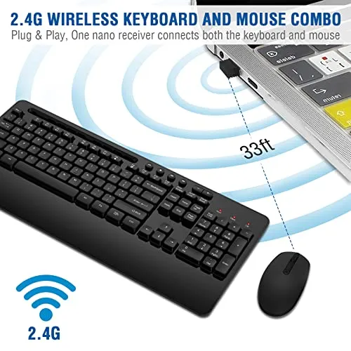 Wireless Keyboard and Mouse Combo, EDJO 2.4G Full-Sized Ergonomic Computer Keyboard with Wrist Rest and 3 Level DPI Adjustable Wireless Mouse for Windows, Mac OS Desktop/Laptop/PC (Classic Black)