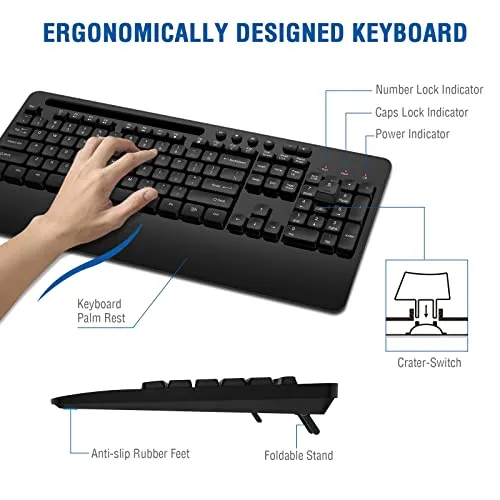 Wireless Keyboard and Mouse Combo, EDJO 2.4G Full-Sized Ergonomic Computer Keyboard with Wrist Rest and 3 Level DPI Adjustable Wireless Mouse for Windows, Mac OS Desktop/Laptop/PC (Classic Black)