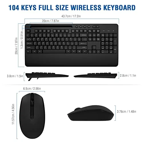 Wireless Keyboard and Mouse Combo, EDJO 2.4G Full-Sized Ergonomic Computer Keyboard with Wrist Rest and 3 Level DPI Adjustable Wireless Mouse for Windows, Mac OS Desktop/Laptop/PC (Classic Black)