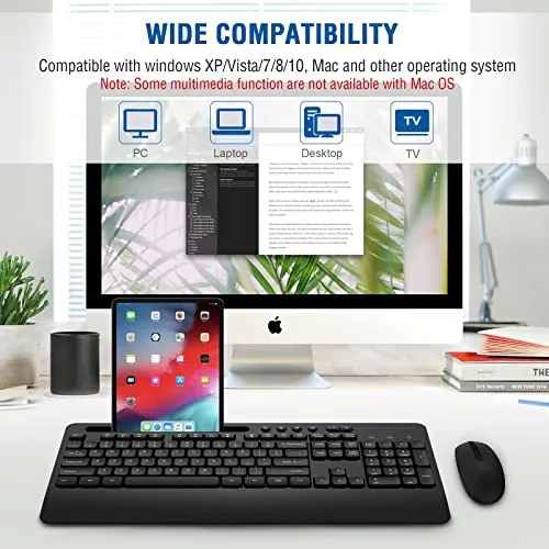 Wireless Keyboard and Mouse Combo, EDJO 2.4G Full-Sized Ergonomic Computer Keyboard with Wrist Rest and 3 Level DPI Adjustable Wireless Mouse for Windows, Mac OS Desktop/Laptop/PC (Classic Black)