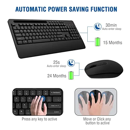 Wireless Keyboard and Mouse Combo, EDJO 2.4G Full-Sized Ergonomic Computer Keyboard with Wrist Rest and 3 Level DPI Adjustable Wireless Mouse for Windows, Mac OS Desktop/Laptop/PC (Classic Black)