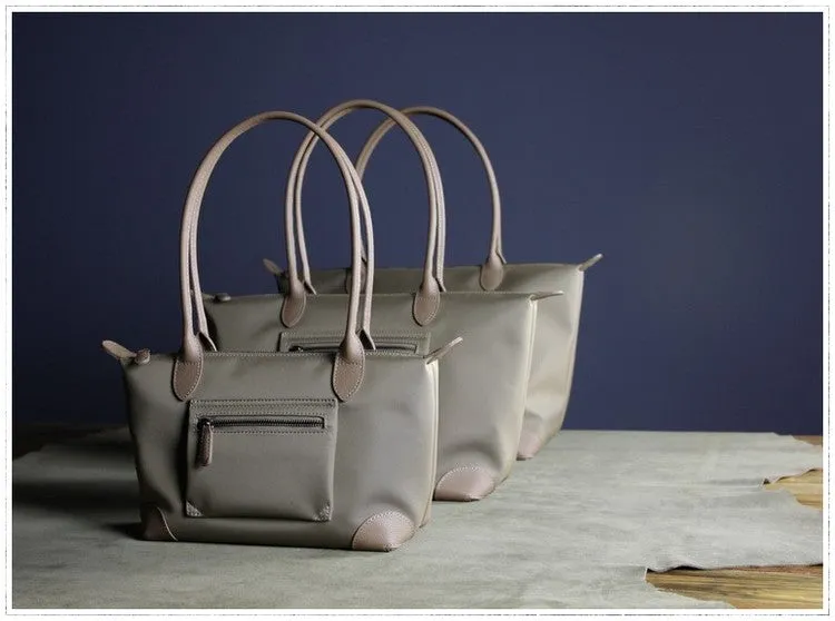 Womens Light Gray Nylon Shoulder Tote Small Light Gray&Yellow Nylon Handbag Purse for Ladies