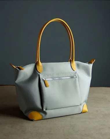 Womens Light Gray Nylon Shoulder Tote Small Light Gray&Yellow Nylon Handbag Purse for Ladies