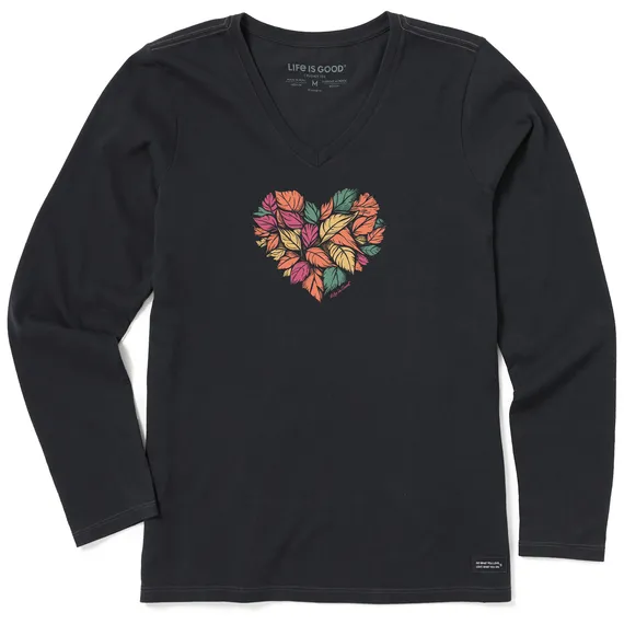 Women's Woodcut Leaf Heart Long Sleeve Crusher Lite Vee