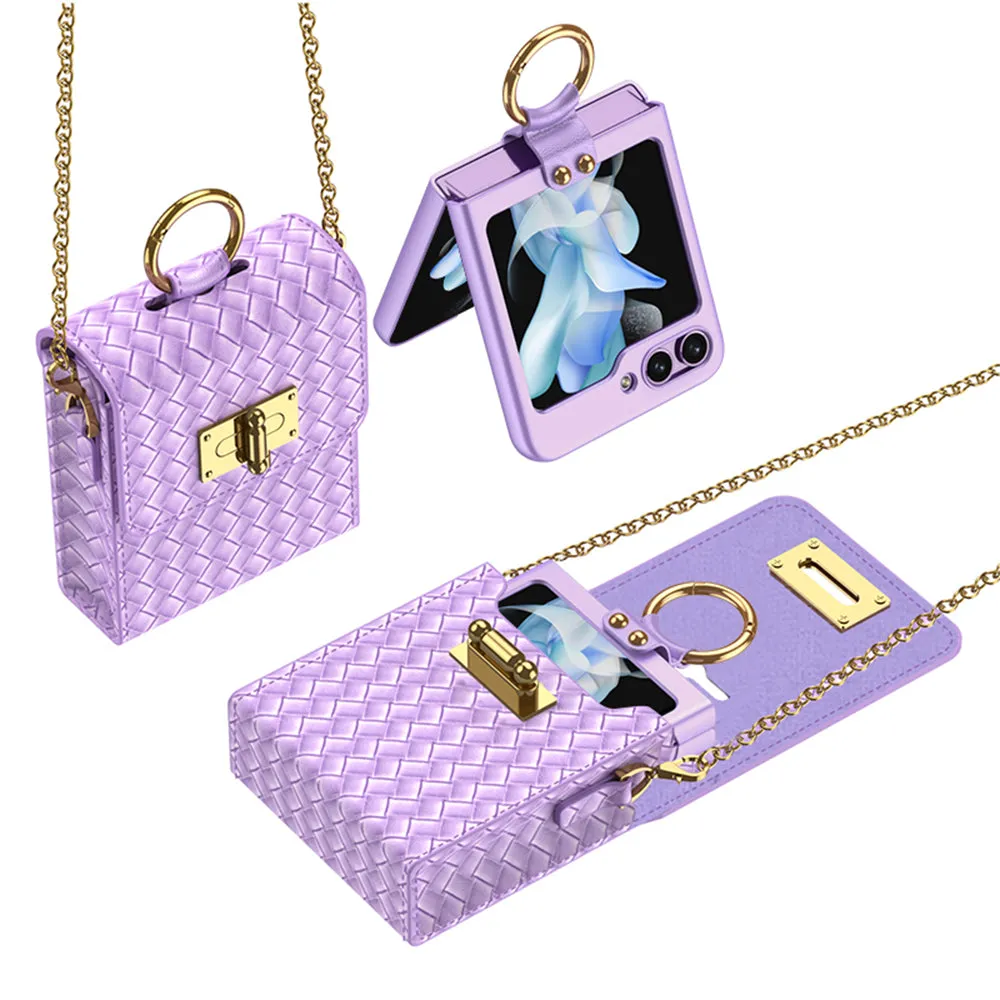 Woven Leather Pattern Shoulder Across The Body Backpack Case For Samsung Galaxy Z Flip4 Flip5