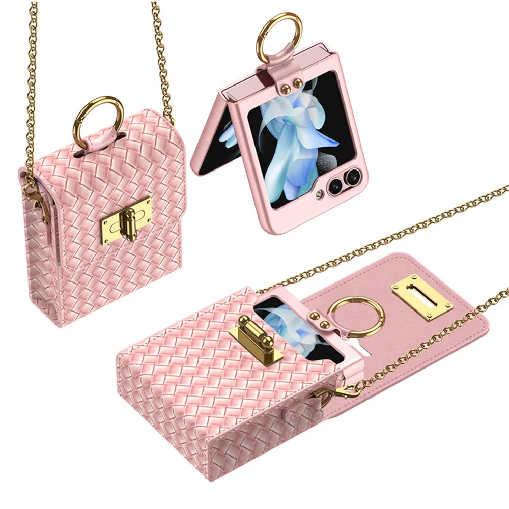 Woven Leather Pattern Shoulder Across The Body Backpack Case For Samsung Galaxy Z Flip4 Flip5