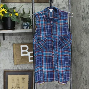 Xhilaration Womens Semi Sheer Button Up Tunic Shirt Top Blue Plaid S