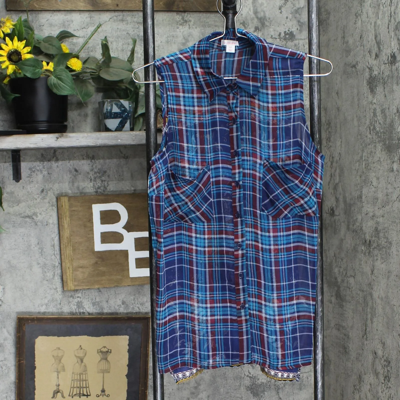 Xhilaration Womens Semi Sheer Button Up Tunic Shirt Top Blue Plaid S