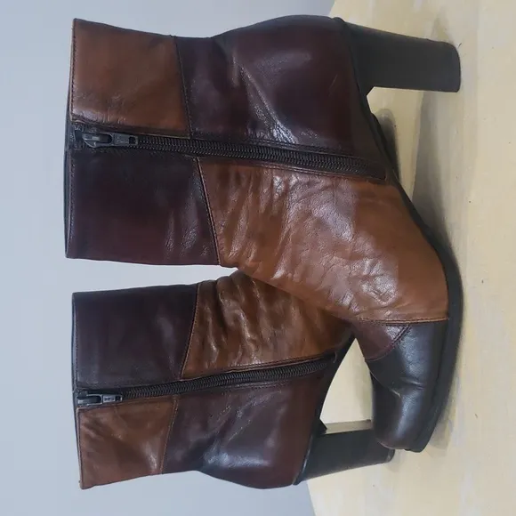 Y2K Liz Claiborne Boot Womens 7 Kildare Patchwork Brown Leather Heeled Hippie